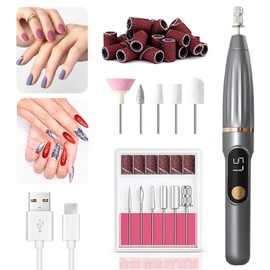 Kit pulidor de uñas eléctrica, torno para uñas Profesional portátil,lima de uñas ajustable bidireccional de 5 velocidades de 15000 RPM con 11 cabezal de pulido y 26 anillo de lijado para Casa Y Salón (Gris)