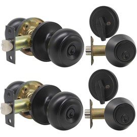 2 Sets Matte Black Keyed-Alike Door Levers and Single Cylinder Deadbolts Combination Sets Locksets,with Same Key,Reversible for Right/Left Handed Doors