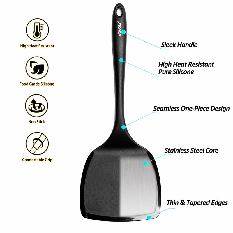 Silicone Pancake Spatula Turner with Lengthened Handle& Seamless Design, Heat