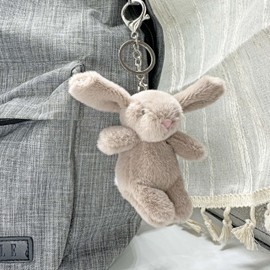 ADORNEST Cute Bunny Plush Keychain for Woman Cute Stuff,Mini Rabbit Keychains for Backpack Purse Charm Chain Pendant Gift, Beige, Small