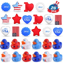 NPET 4th of July Rubber Ducks Squishies Mochi 28Pcs, Red White Blue Bath Toys Independence Day Patriotic Rubber Ducks, 4th of July Decorations USA Flag/Heart/Stars Shape Party Favor for Boys Girls