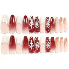 Have A Very Berry Holiday Ombre Glossy Long Coffin Press On Nails - 24 Pieces - Artificial Nail Kit - Winter Nails