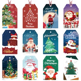 48PCS Christmas Gift Tags with String – 12 Cute Holiday Designs Including Santa, Tree, Reindeer – Pre-Punched Xmas Gift Name Tags for Presents, Treat Bags, Crafts & Holiday Wrapping