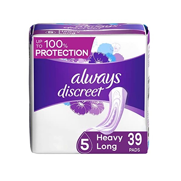 Always Discreet, Incontinence & Postpartum Pads For Women, Size 5, Heavy Absorbency, Long Length, 39 Count