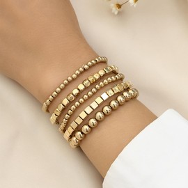 Rrdaily 18K Gold Bead Stacking Stretch Bracelets for Women,Layered Geometry Smooth Surface Adjustable Bracelet Set,Punk Personality Jewelry Gifts (Gold)