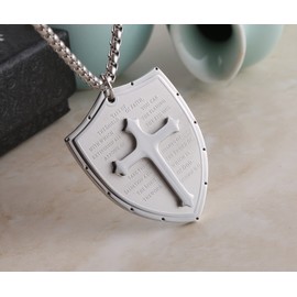 HZMAN Shield Armor of God Ephesians 6:16-17 Faith Cross Stainless Steel Pendant Necklace (Silver)