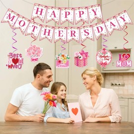 Mother's Day Decorations Happy Mothers Day Banner Garland Best Mom Ever I Love Mom Ceiling Hanging Swirls Floral Mothers Day Party Decorations Mother's Day Party Supplies Mother's Day Gift Party Favor