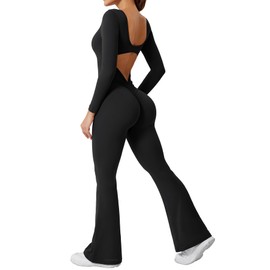 YEOREO One Piece Wide Leg Jumpsuits for Women Workout Long Sleeve Backless Flare Jumpsuit Lizvette Scrunch V Back Yoga Romper Black S