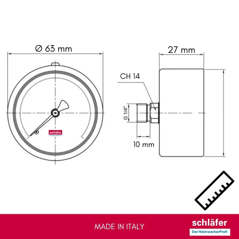 Schläfer 0930165 Hydraulic Pressure Gauge Rear Axial Connection 1/4 Inch