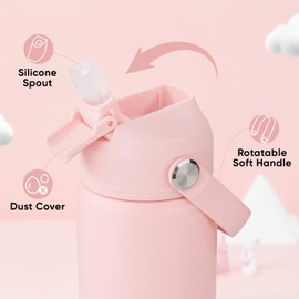 12oz Water Bottle, 2 pack Kids Water Bottles for School, Toddler Water Bottle with Straw & Handle, 304 Stainless Steel Insulated Water Bottle, Non-slip Silicone Base, BPA Free, Pink+Haze Blue