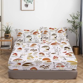 MUSOLEI Mushroom Bedding Set, Full, 3Pc, Deep Pocket, Cottagecore, for Kids, 03, Polyester Microfiber, Breathable, Fade Resistant, 54x75in, Includes Fitted Sheet & 2 Pillowcases