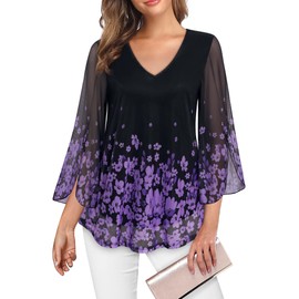 Bebonnie Business Casual Outfits For Women,Ruffle Bell Sleeve Spring Summer V Neck Peasant Black Blouse Chiffon Office Work Clothes Flowy Tunic Tops for Women Casual Elegant Black Violet M