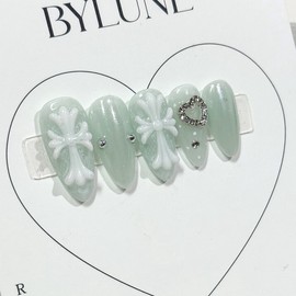 Mint Cross Handmade Nail Tips Nail Tips - Short Square / 민트 크로스 수제네일팁 네일팁 - 숏스퀘어