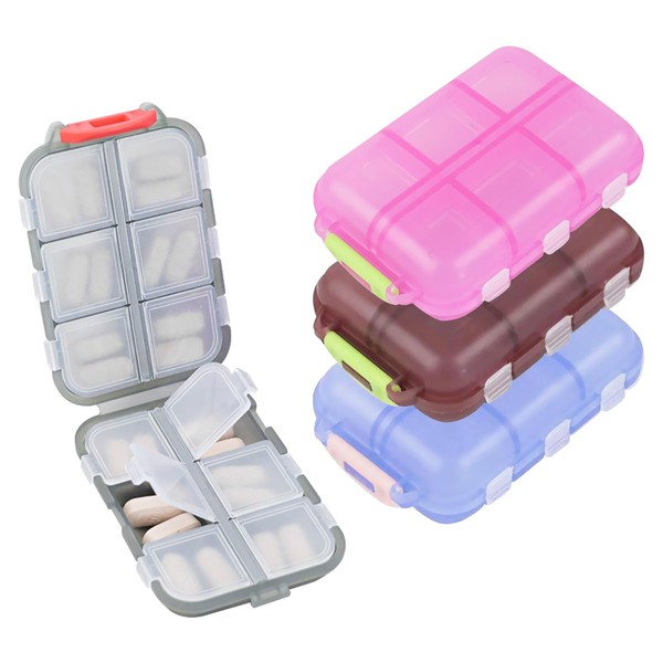 EACHPT Travel pill box with labels, pack of 4 tablet box, 7 days, 12 compartments, small pill box, easy to open, pill box for on the go, pill box for travel and daily use
