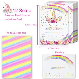 T-Antrix ユニコーン招待状 封筒24枚付き 両面レインボーグリッター ユニコーン 誕生日パーティー招待状カード 子供の誕生日 ベビーシャワー ユニコーン パーティー用品 24枚