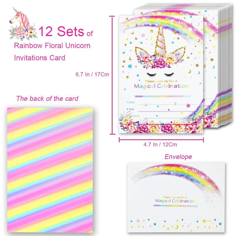 T-Antrix ユニコーン招待状 封筒24枚付き 両面レインボーグリッター ユニコーン 誕生日パーティー招待状カード 子供の誕生日 ベビーシャワー ユニコーン パーティー用品