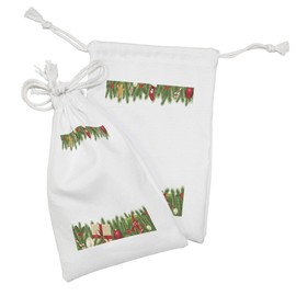 Ambesonne Christmas Fabric Pouch Set of 2, Celebration Borders Fir Tree Classic Garland Gingerbread Man Lollipops Presents, Small Drawstring Bag for Toiletries Masks and Favors, 9" x 6", Multicolor