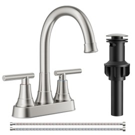 FORIOUS Centerset Bathroom Faucets for Sink 2 or 3 Hole, Brushed Nickel 4 Inch Bathroom Sink Faucet with Pop up Drain and Lead-Free cUPC Hose, 360° spout, Two Handles for Restroom,Vanity, Rv Remodel