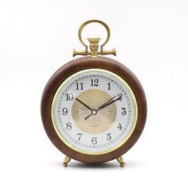 Itigoitie Wooden Table Clock,Vintage Desk Clock,Brass Solid Wood Desktop Clock,Classic Square Outlook,Silent Desk Clock Battery Operated for Bedroom Home Office(No Battery Included) (Round)