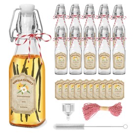 10 Pack Swing Top Glass Vanilla Extract Bottles 8 oz with Lids, Vanilla Labels & Funnel, Boston Round Bottles for Homemade Syrup, DIY Gifts, Flip Top Jars for Extract