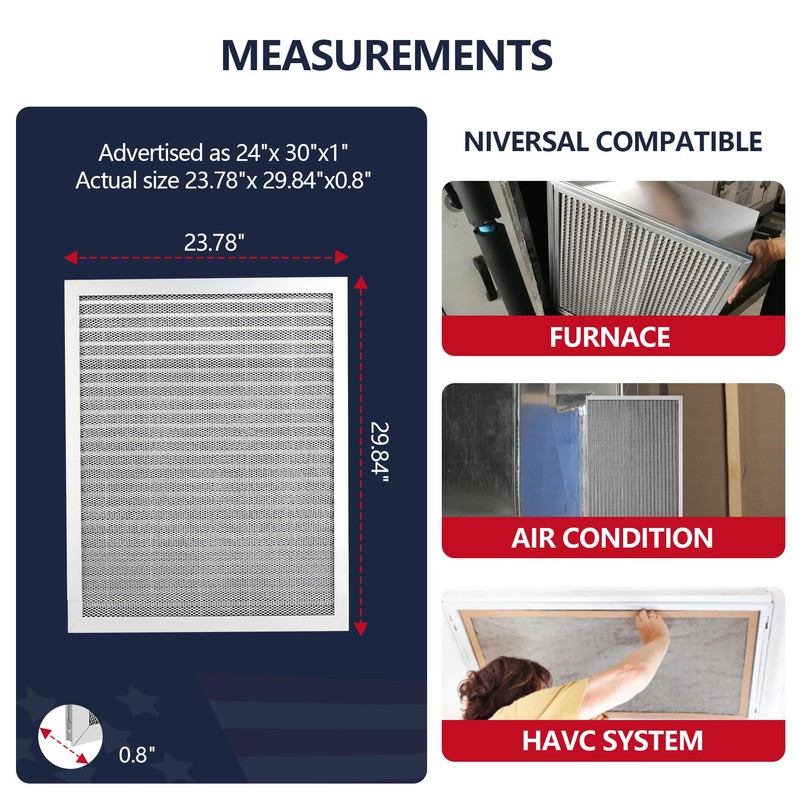 Demiwise MERV 8 24x30x1 Lifetime Air Filter, Washable Electrostatic Aluminum