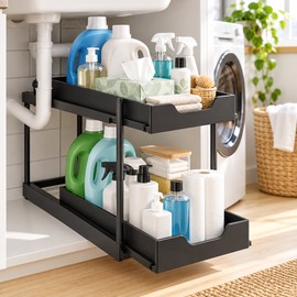 2-Tier Under Sink Organizer for Kitchen & Bathroom – Pull-Out PP Storage Rack with 5 Hooks for Cabinets