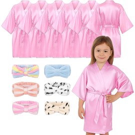 MSYU Girls Spa Robe, 6 Pink Satin Kimono Bathrobes with 6 Skincare Headbands for Salon Wedding Birthday Party Supplies (Size 3-4 Year, Set of 12)