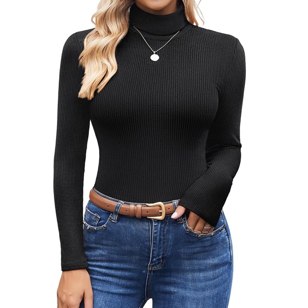 Ekouaer Women Long Sleeve Underwear Shirts Ribbed Knit Thermal Tops Turtleneck Stretchy Sweater Premiun Warm Loungewear Black S
