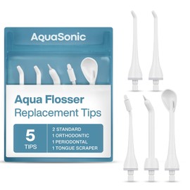 Puntas para irrigador bucal Aquasonic AquaSonic Aqua Flosser: 5 puntas, 4 tipos de puntas: estándar, periodontal, raspador de lengua de ortodoncia: piezas originales y auténticas (blanco)