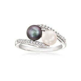 Hipearl Black and White Pearl Ring for Women 18 White Gold Plated .13 ct. t.w. Simulated Diamond Bypass Ring, AAA Quality Handpicked Two Natural 6mm Pearl Ring, Size 5-9 (2 Pearl Bypass Ring, 7.5)
