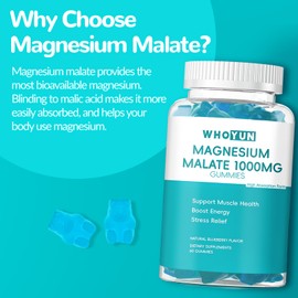 Whoyun Whoyun Magnesium Malate Gummies 1000mg, Enhanced Absorption Magnesium Chewables Supplement with Malic Acid for Energy Boost & Muscle Health, 60 Count