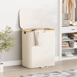 XLHOMO 160L Double Laundry Hamper with Lid, Dirty Clothes Hamper with 2 Removable Bags, Beige Laundry Hamper 2 section with Bamboo Handles Easy to Carry for Bedroom, Bathroom, Dorm, College