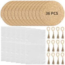 36-Piece Wicker Placemat Set, 12 Wooden Bead Napkin Rings, 12 Satin Napkins, 12 Handwoven Burlap Coasters, Round and Oval Designs, Ideal for Home Dining and Special Occasions