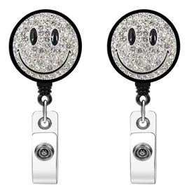 Rhinestone Smiling Face Metal Badge Reel Retractable Lanyards, Alligator Swivel Clamp Clip (Silver, 2)