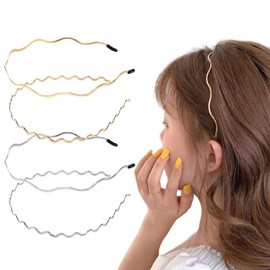 Hair Headband Wave Type Set of 4 Headband Spring Hair Band Wavy Ladies' Bangs Hair Ornament Painless, Face Washing, Hair Accessories, Silver, Gold