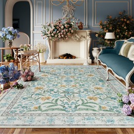 Lahome Light Blue Bedroom Rug 8x10 Under Bed, Boho Washable Rugs for Living Room, Soft Wool Rug for Nursery, Vintage Low Pile Carpet for Dining Room Girls