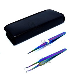 SET OF 2 Stainless Steel Multi Titanium Rainbow Color 3D Eyelash Extension Tweezers X type self retracting + Round Angled tip Fine Point (A2Z)