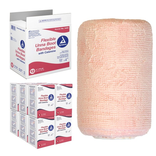 Dynarex Unna Boot Bandage, Individually Packaged, Provides Customized Compression, With Calamine, Soft Cast, 3” x 10 Yards, 1 Case of 12 Bandages