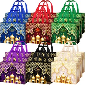 Yoojahow 18 Pcs Eid Mubarak Gift Bags with Handles 12.6 x 9.8 x 6.7 Inch Large Reusable Ramadan Tote Bags Eid Mubarak Non-Woven Treat Goodie for Gifts Wrapping Shopping Ramadan Party Supplies