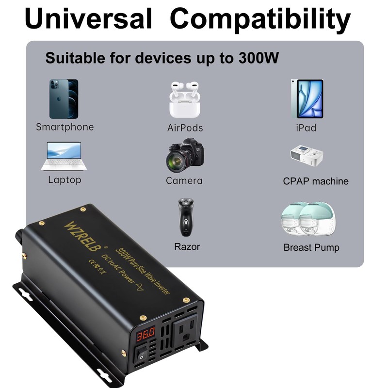 WZRELB 300W Pure Sine Wave Power Inverter 600W Peak DC
