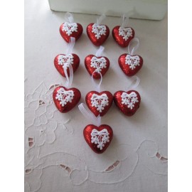 Unbranded Pkg of 10- 1.75" Red Glitter & Lace Heart Valentines Day Ornaments, NEW