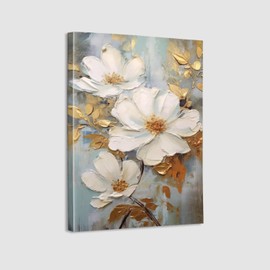 Abstract White Flower Painting Canvas Wall Art With Gold Leaf Canvas Framed Art Wall Decor White Elegant Flower Modern Print Wall Art for Living Room Bedroom Home Decoration 16x24 inch
