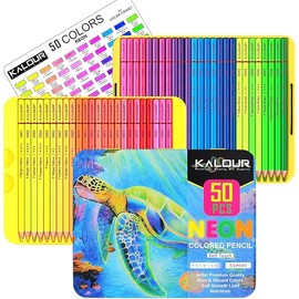 KALOUR PDAS 50 Neon Colored Pencils for Adult Coloring Books, Fluorescent colored Professional Drawing pencils Set Art Supplies Kit for Adults Beginners Artists, Soft Core