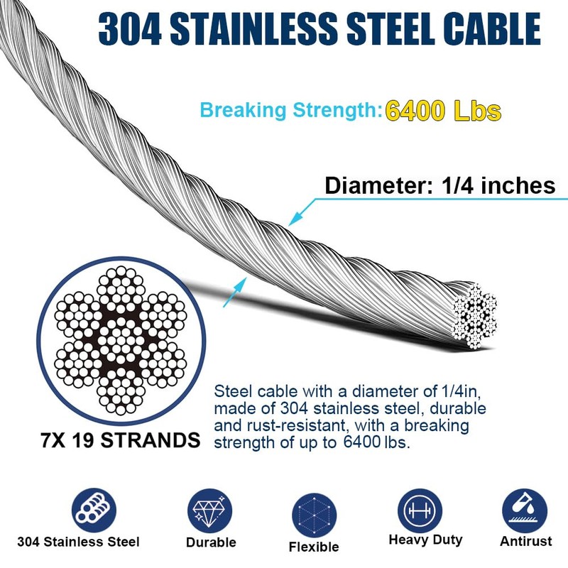 1/4" Wire Rope Kit, 100ft Stainless Steel Cable with 2Pcs