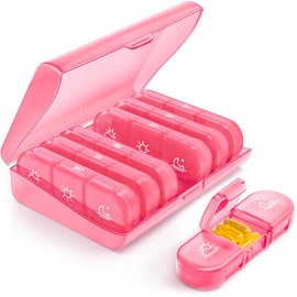 AUVON Weekly Pill Box 7 Days 3 Compartments Portable Pill Box 7 Days with Large Separate Compartments for Medication, Vitamins, Fish Oil, Dietary Supplements etc. (Pink)