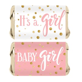 Pink and Gold It's a Girl Baby Shower Mini Candy Bar Wrappers - 45 Stickers