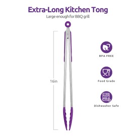 600ºF Heat Resistant Kitchen Tongs: U-Taste 16 inch Extra Long Large Silicone Cooking Tong with Sturdy Non Stick Rubber Tips & Non Slip Silicon Coated 18/8 Stainless Steel Handle for Grill BBQ(Purple)