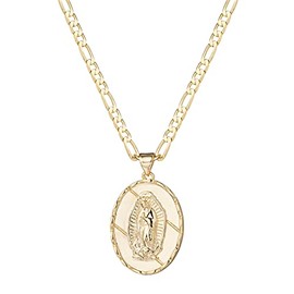 kelistom 14K Gold Plated Virgin Mary Guadalupe Pendant Necklace for Women Men 3mm Flat Figaro Chain Necklace 18/22 inches (length-18in, solid)