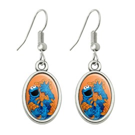 Sesame Street Vintage Cookie Monster Novelty Dangling Drop Oval Charm Earrings