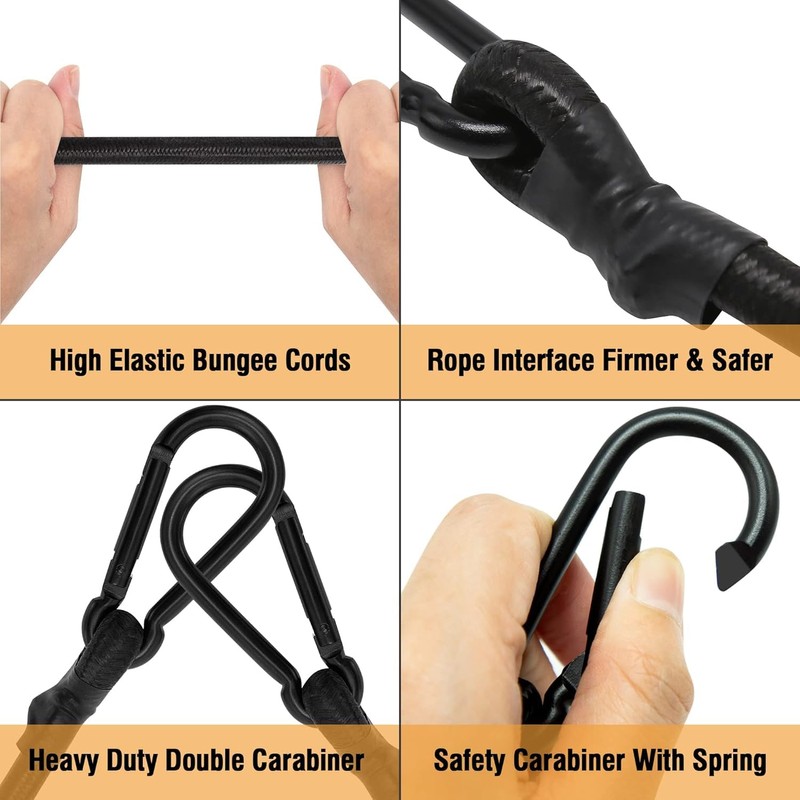 Adjustable Bungee Cords with Carabiner Hooks - Heavy Duty Elastic